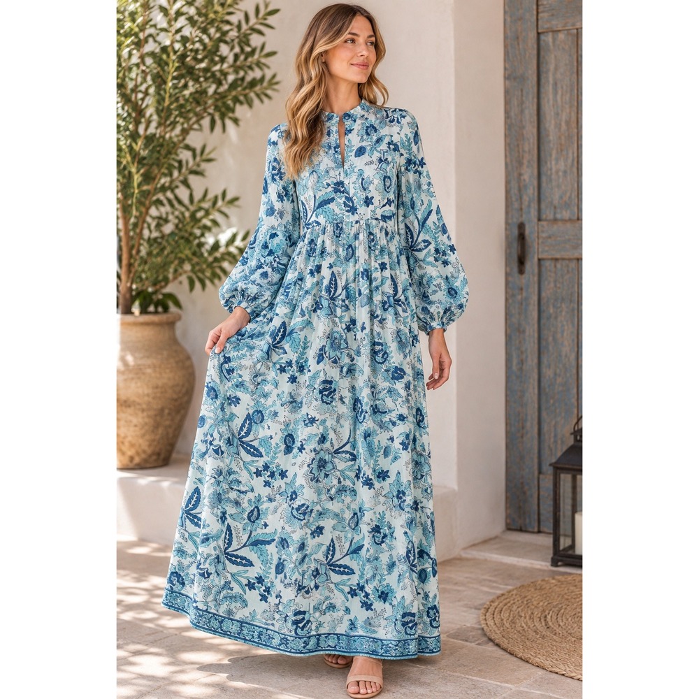 NWT Clara The Label Cassia Maxi Dress Oasis Blue Floral Balloon Sleeve Boho XS
